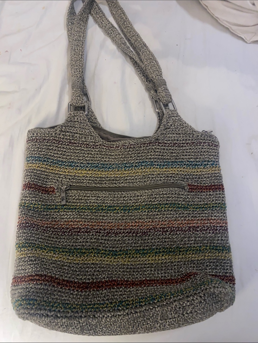 The Sak Gray Crochet Shoulder Bag with Multicolor Stripes
